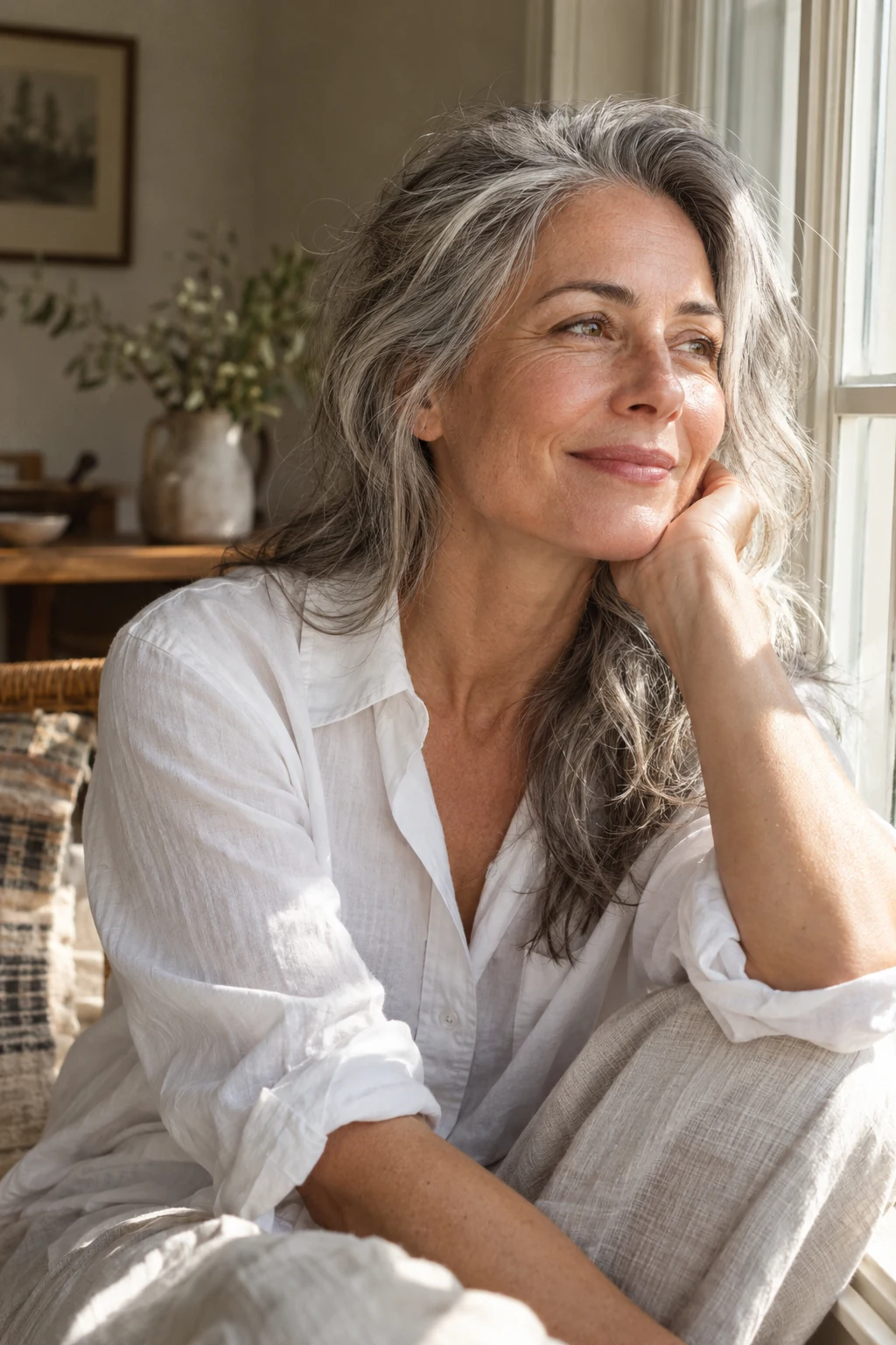 A woman sitting in natural sunlight at home