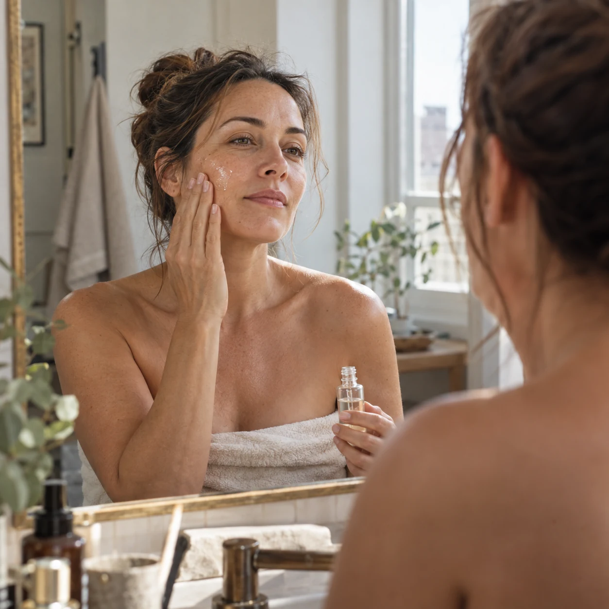 A woman gently applying skincare in her morning routine